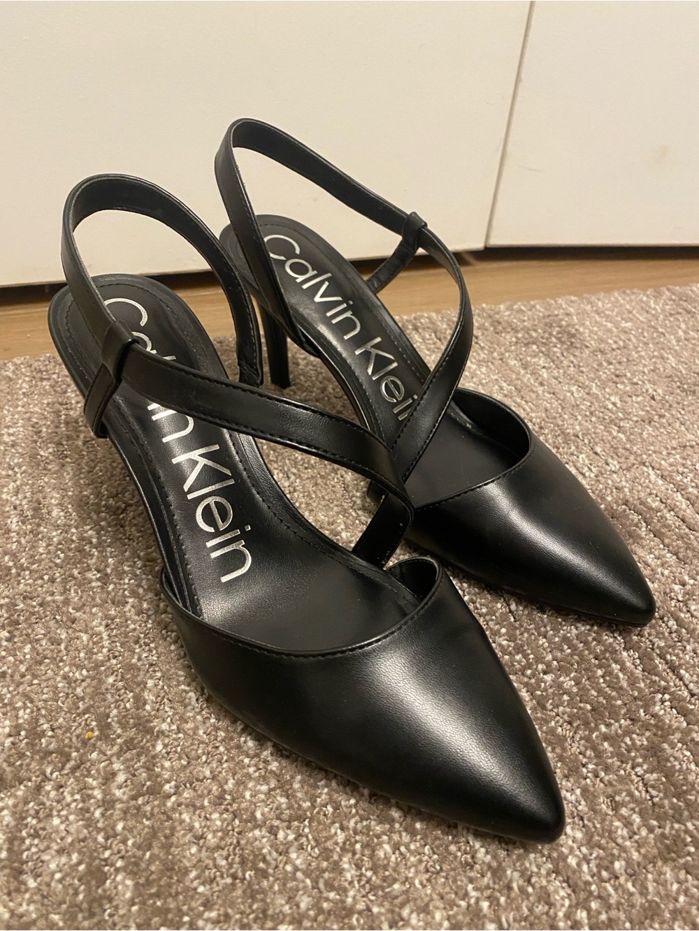 Calvin Klein Black Pointed-Toe Crisscross Slingback Heels